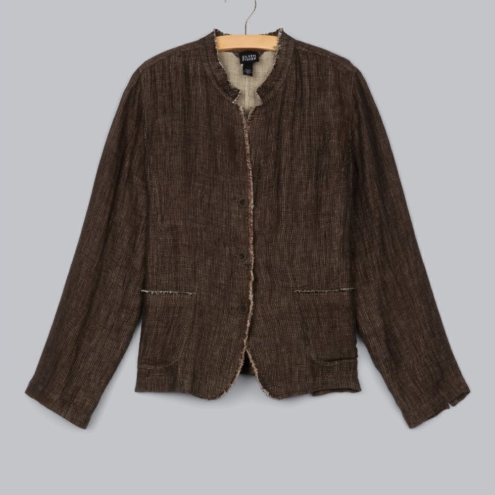 Vintage Eileen Fisher Dark Brown Frayed Blazer/Jacket Size XL 100% Irish Linen